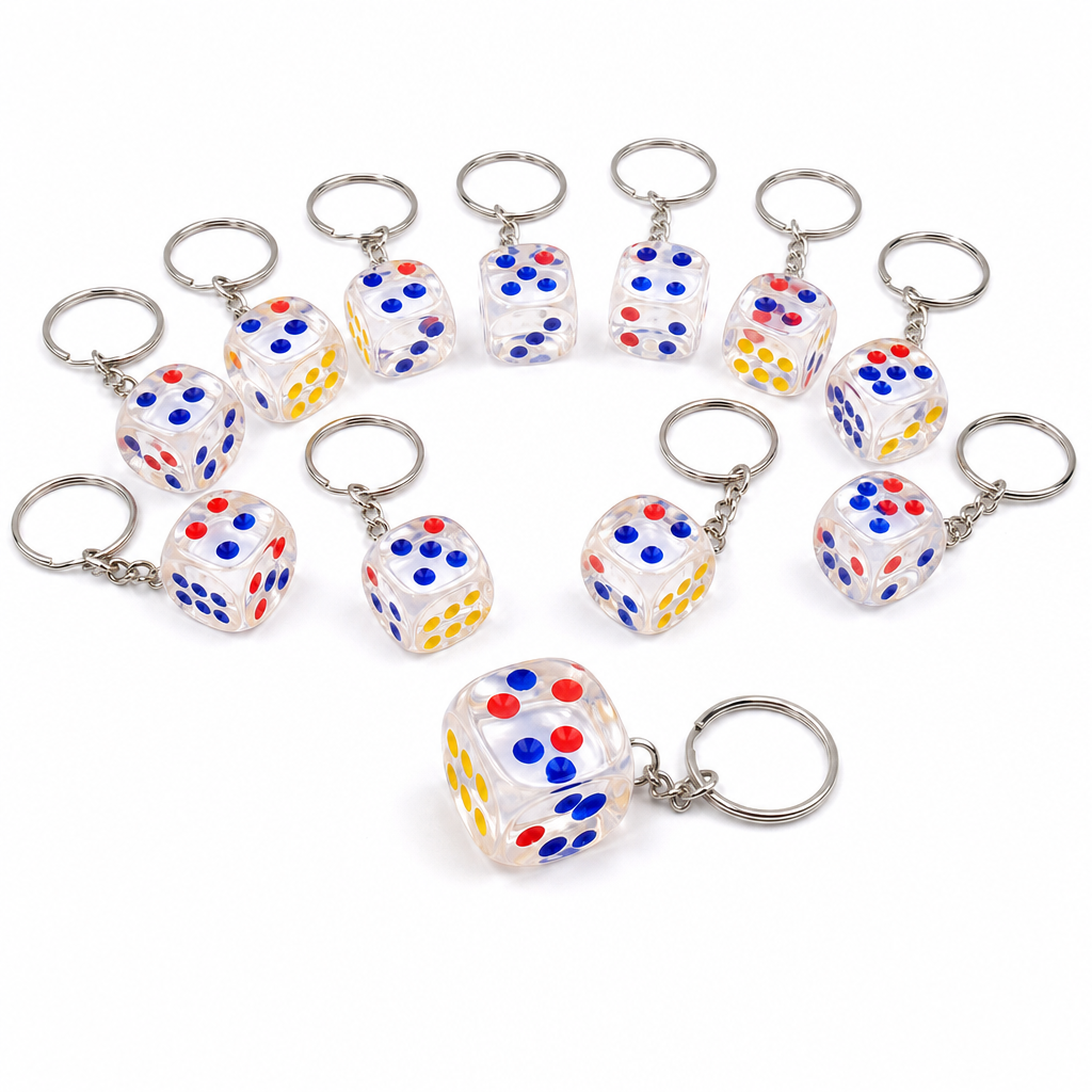 Clear dice keychains 12 pack - hero