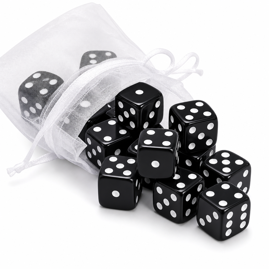 Black 16mm bunco dice spilling from organza gift bag