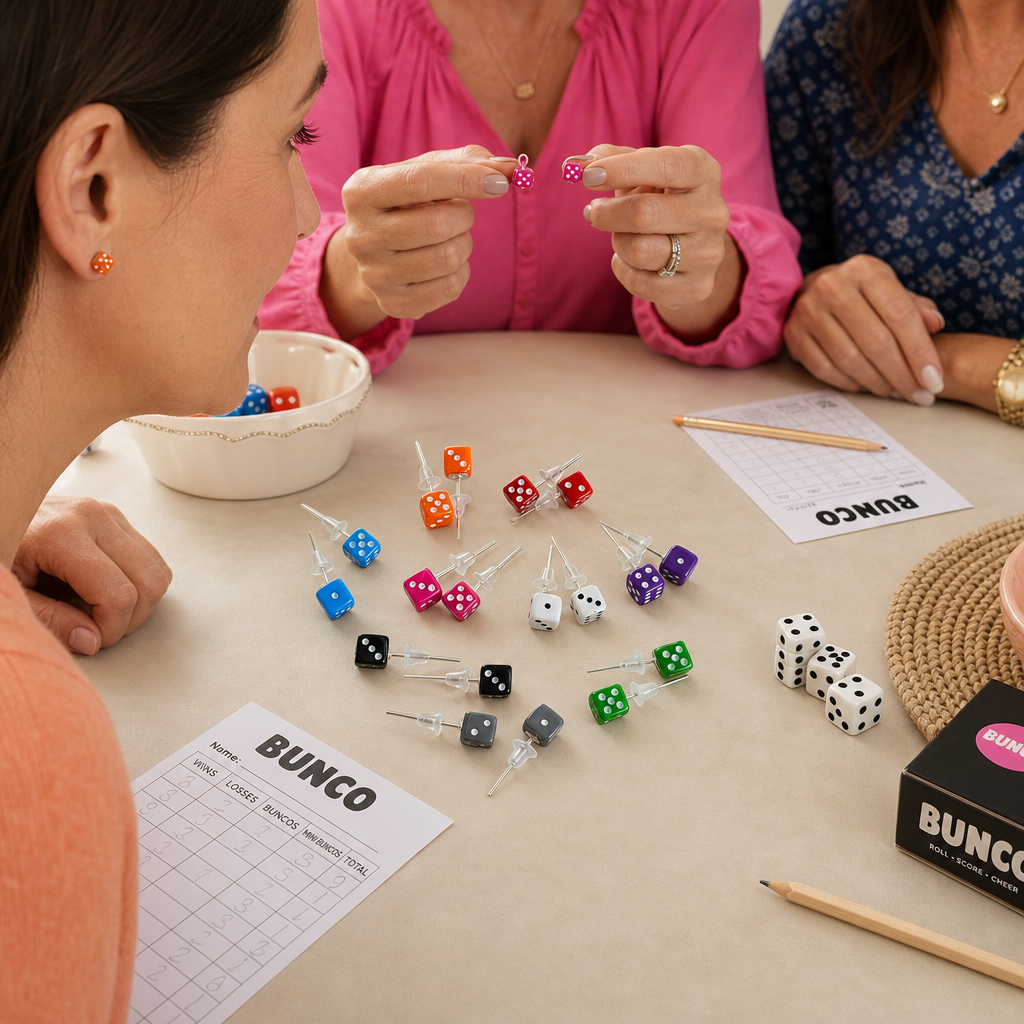 Dice earrings lifestyle - worn at game night