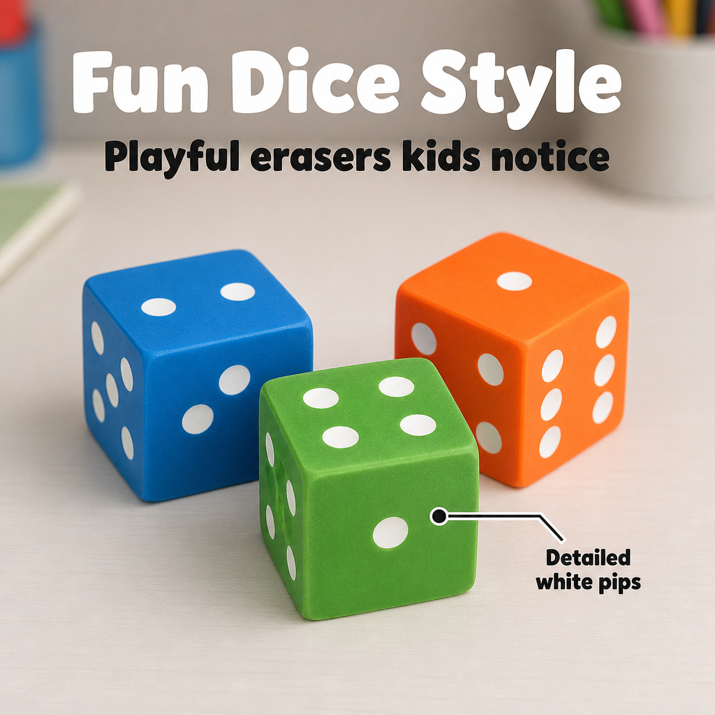 Dice erasers infographic — perfect for classrooms and party favors
