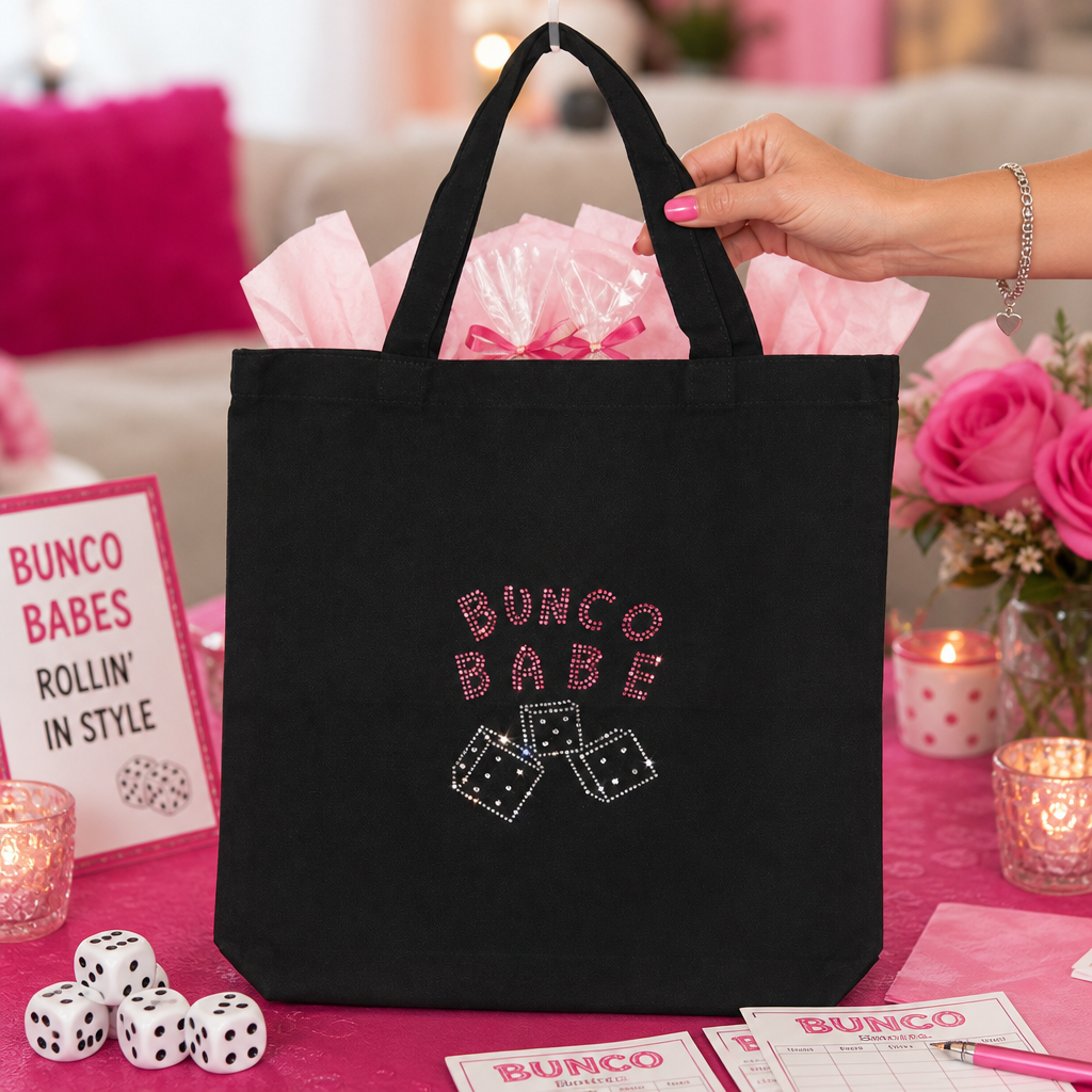 Bunco tote bag lifestyle - arriving at game night