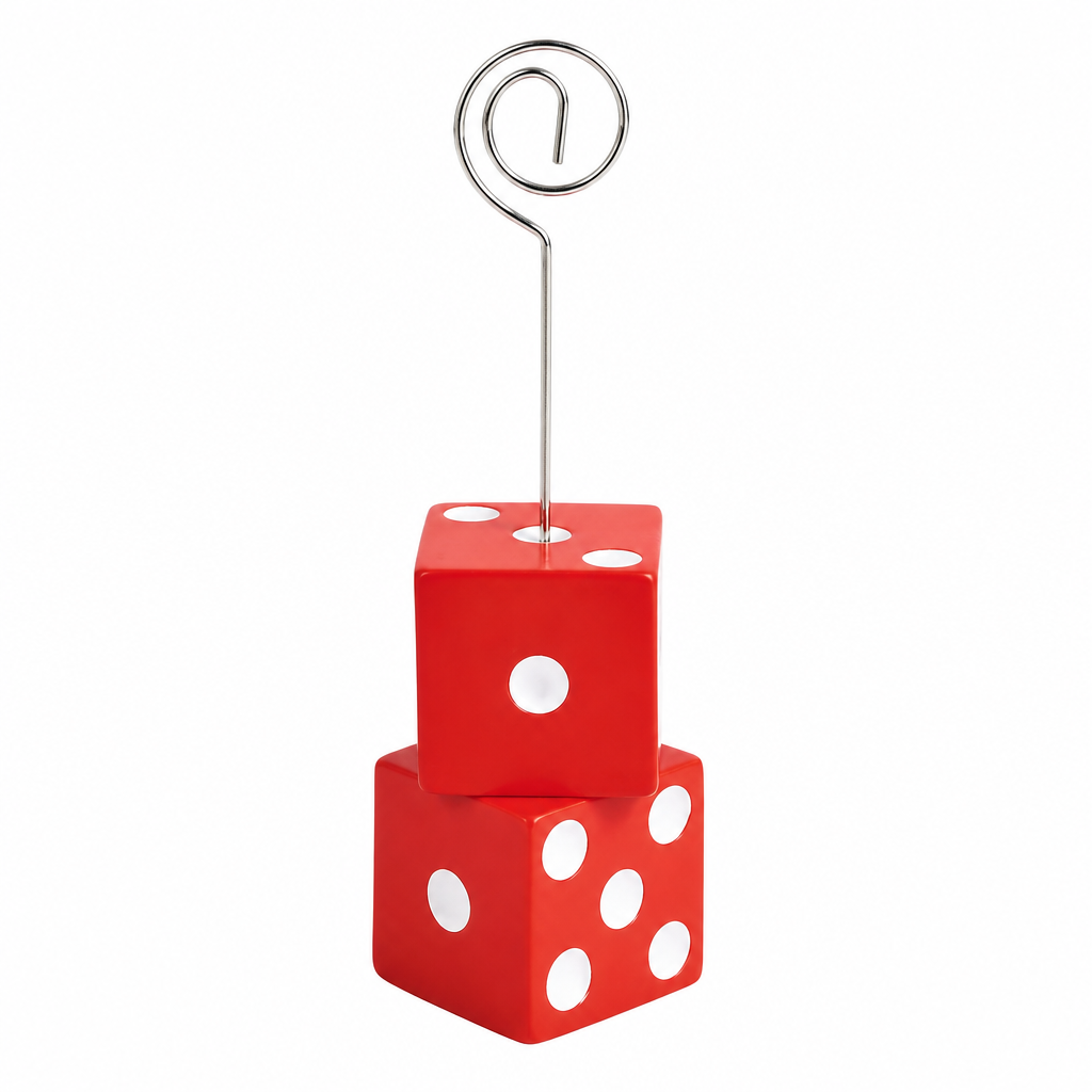 Red dice place card holder with spiral clip — 1 inch dice cubes, 4.75 inch total height