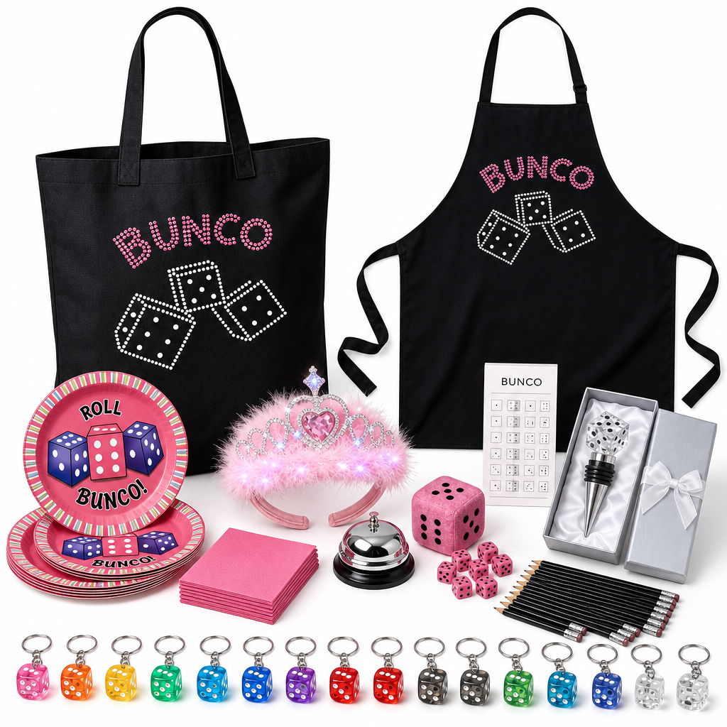 Ultimate Hostess Gift Bundle for 12 - large crystal BUNCO tote and rhinestone apron, large Roll Bunco plates with candy pink napkins, pink light-up tiara, chrome call bell, pink dice and plush die, score tablet, black golf pencils, gift-boxed crystal dice wine stopper and twelve dice keychains