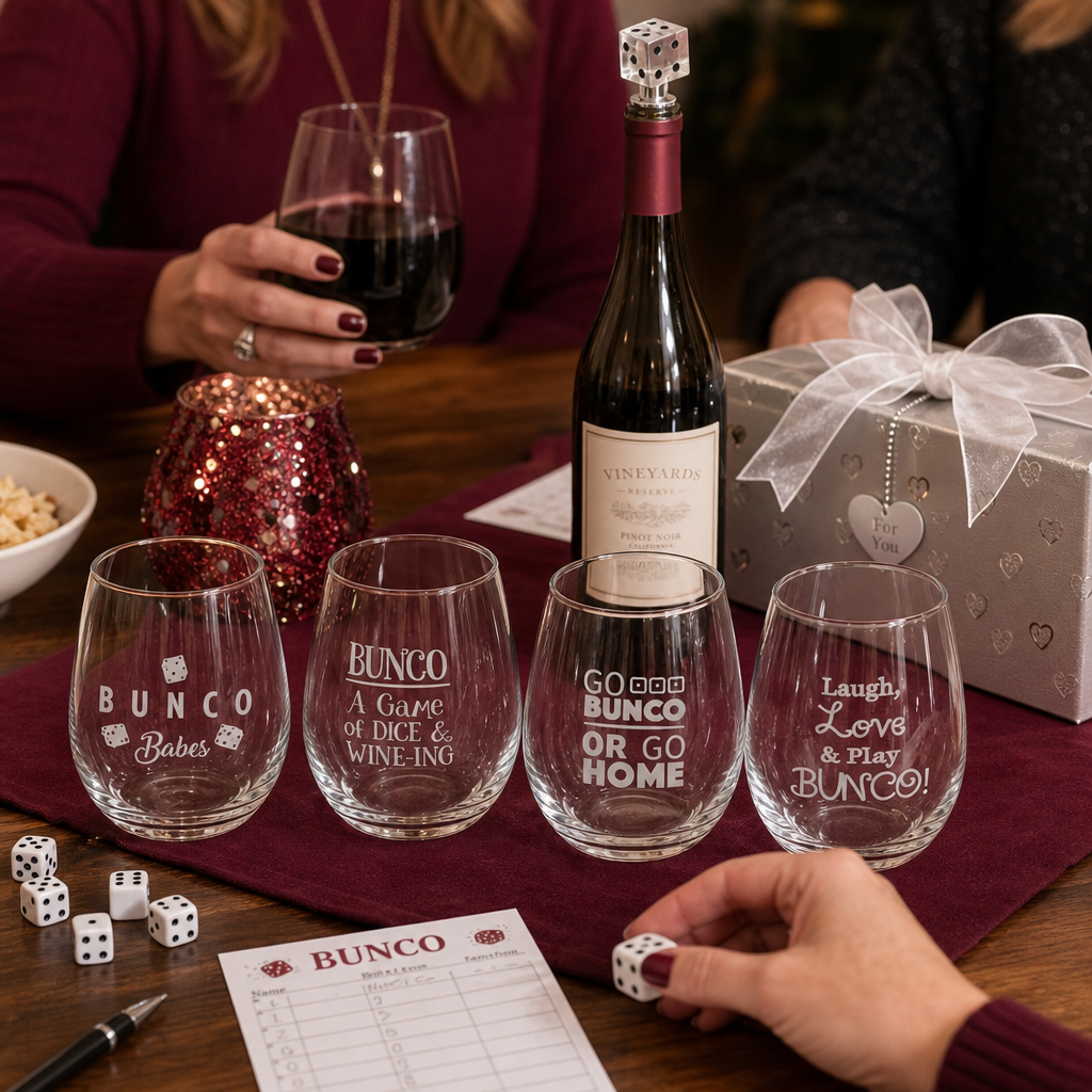 Etched Bunco wine glasses on the game night table