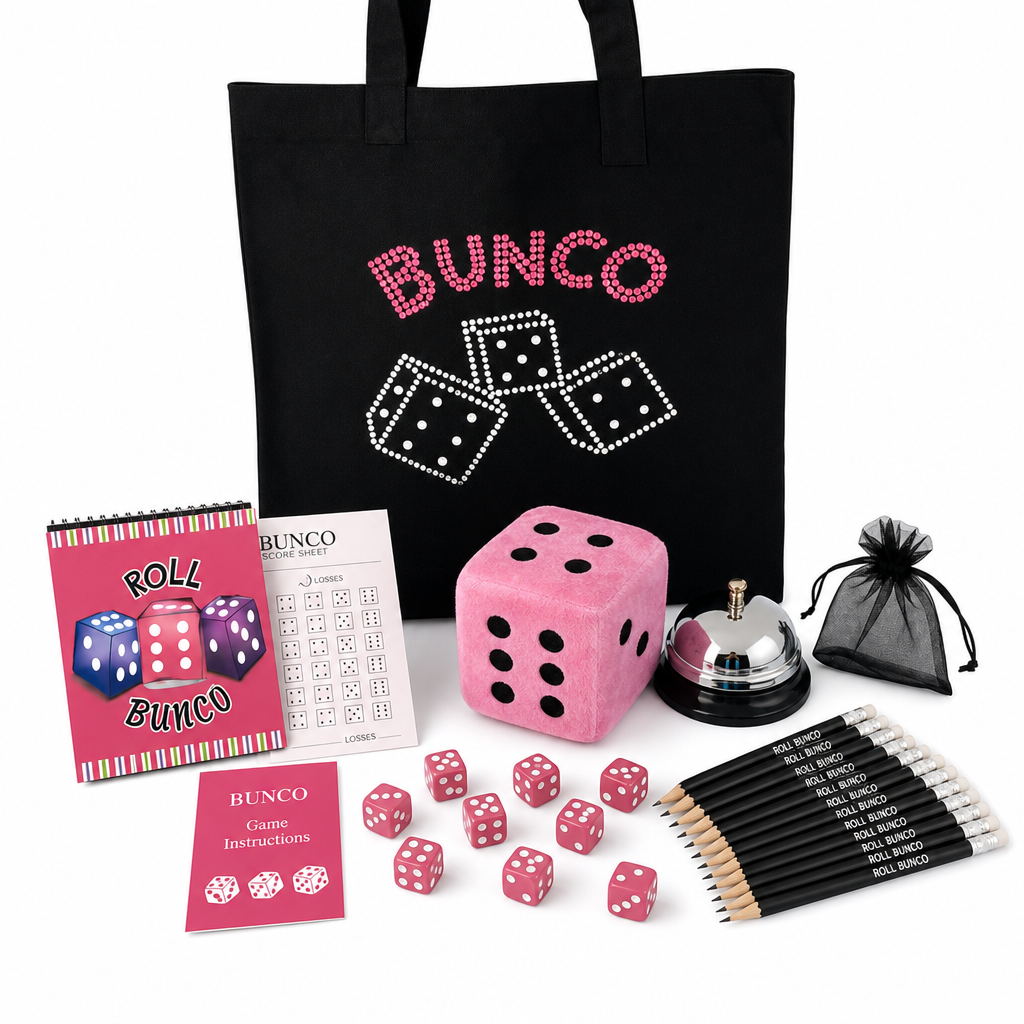 Bunco Game Kit with crystal tote and full contents - complete set for 12 players
