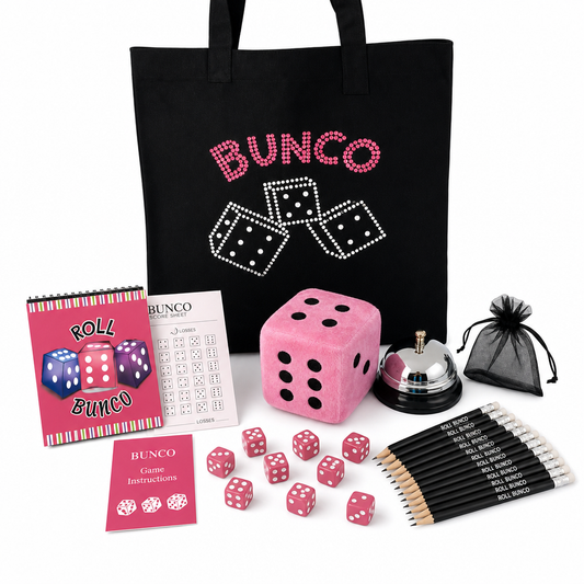 Bunco Game Kit with crystal tote and full contents - complete set for 12 players