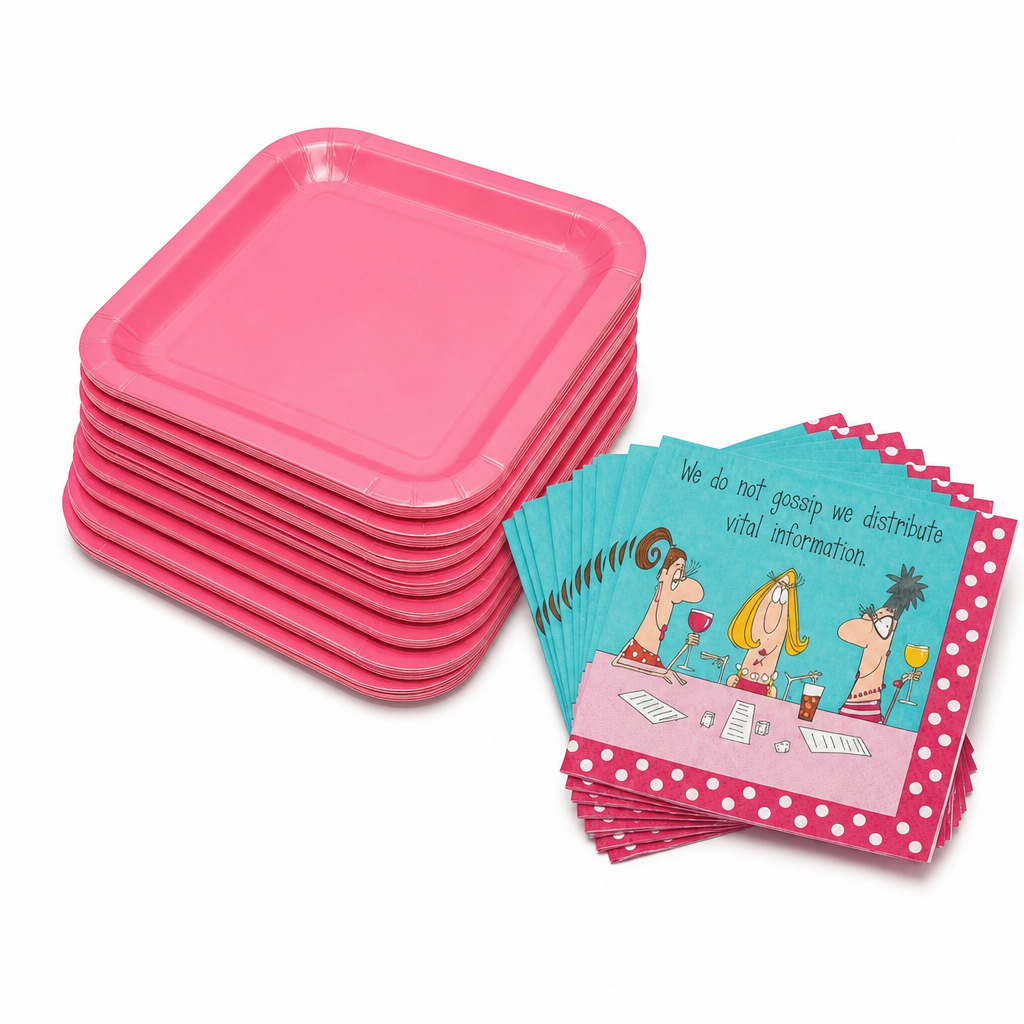 Pink plates and bunco napkins on the table