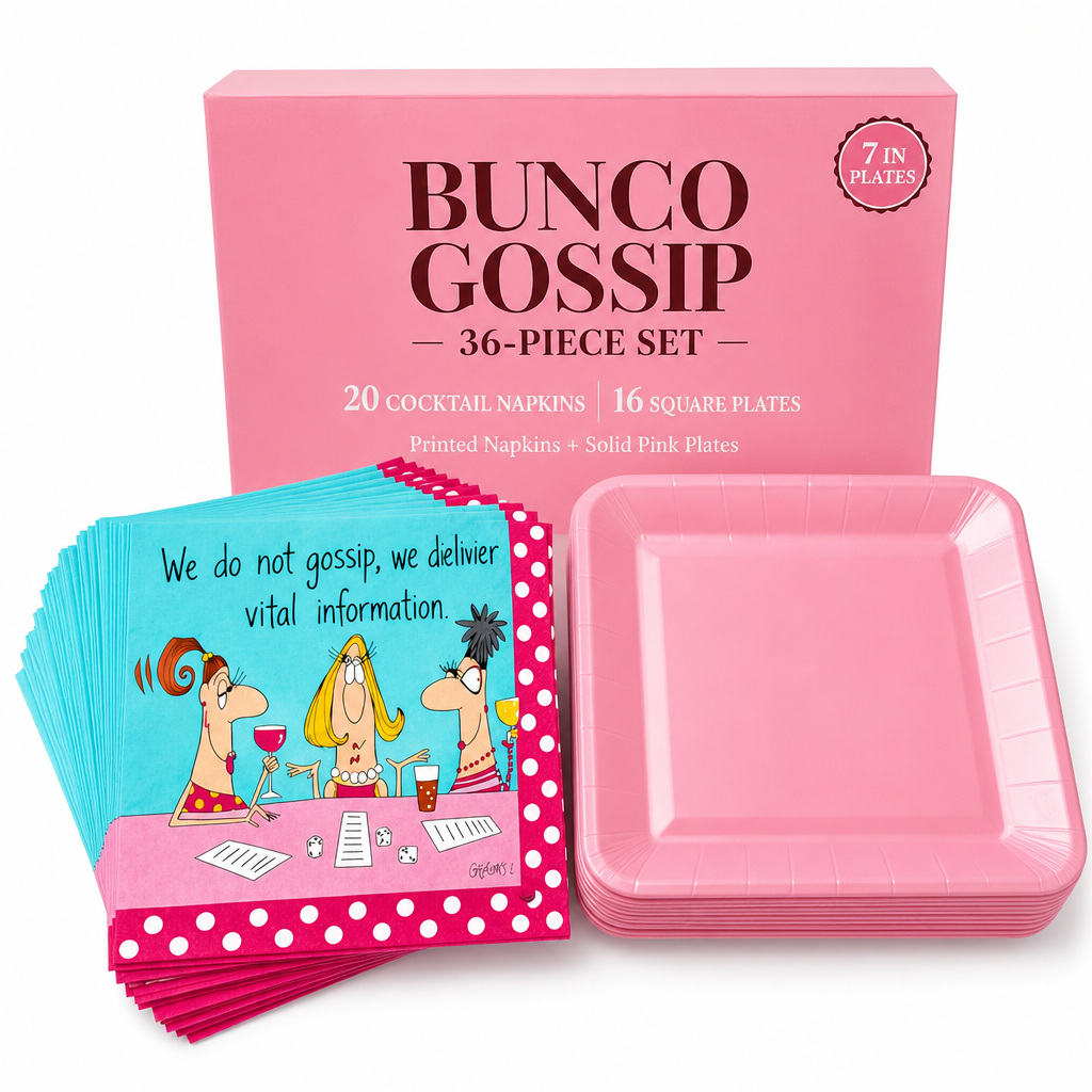 We Do Not Gossip bunco napkin and pink plate detail