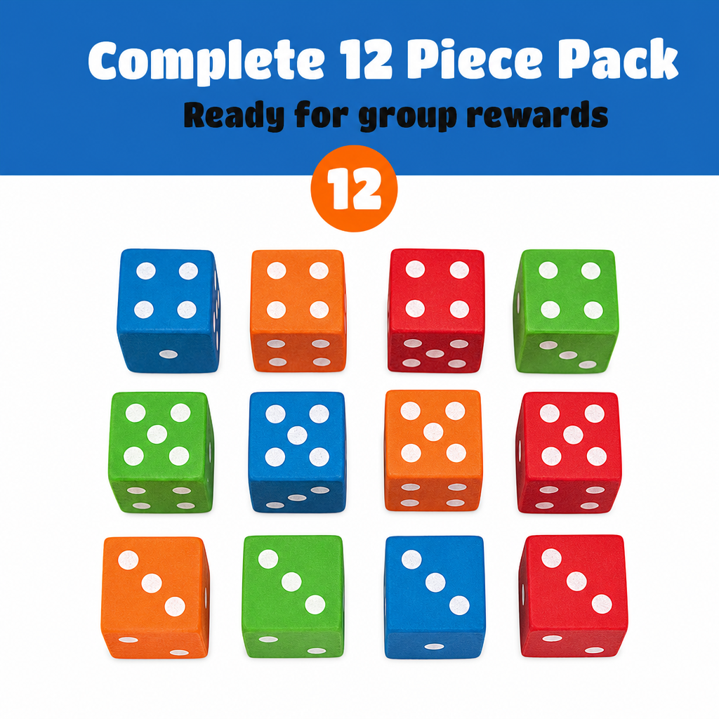 Dice erasers feature infographic — 12 pack assorted colors