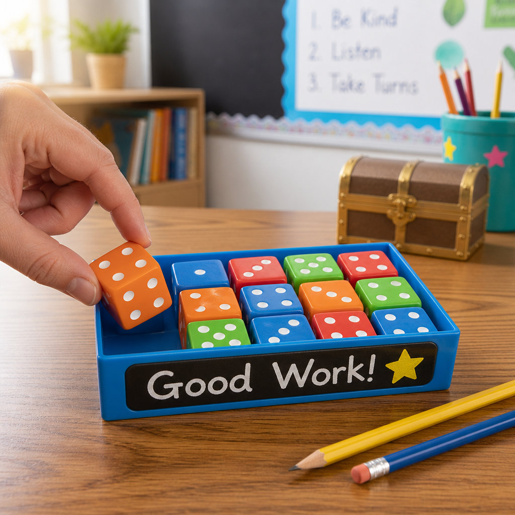 Dice erasers in a classroom reward tray — fun prizes for kids