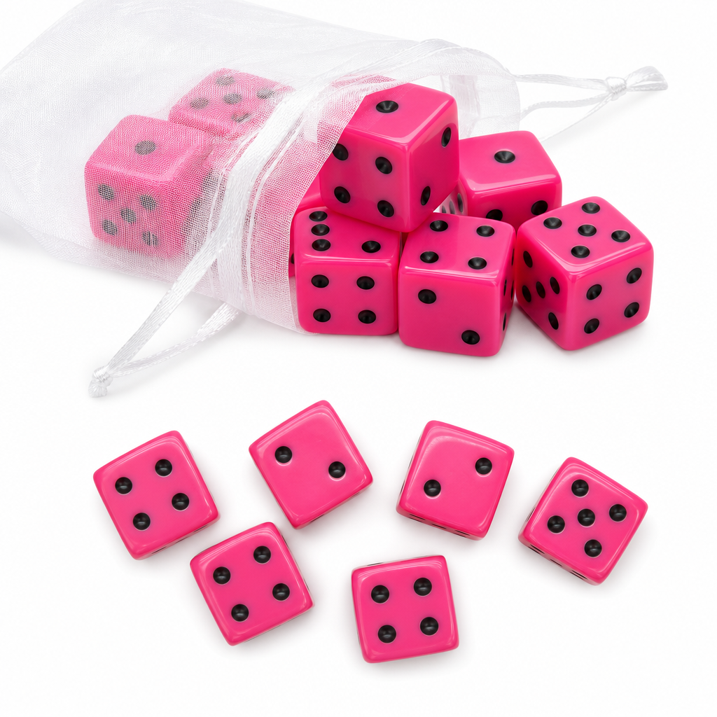 Pink 16mm bunco dice with black pips spilling from organza gift bag