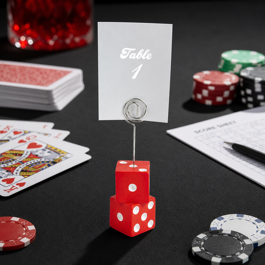 Red dice place card holder displaying a Table 1 card on a casino game night table