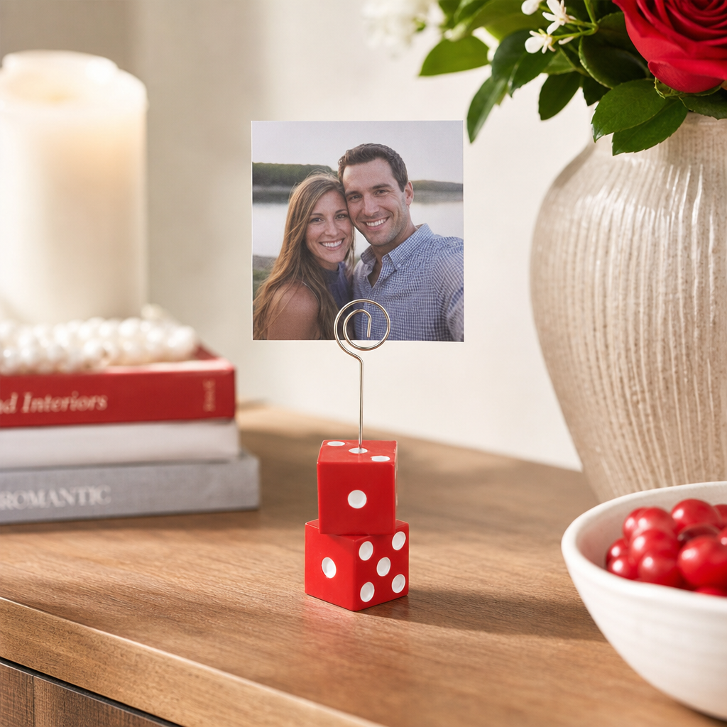 Dice place card holder styled at a party place setting — perfect for bunco night, birthdays, and girls' night out