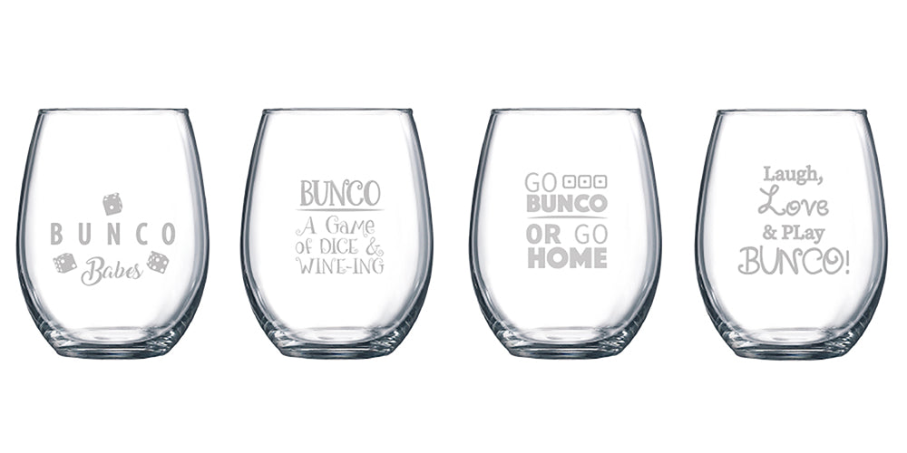 Bunco Wine Glasses Stemless - Etched Set of 4