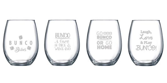 Bunco Wine Glasses Stemless - Etched Set of 4