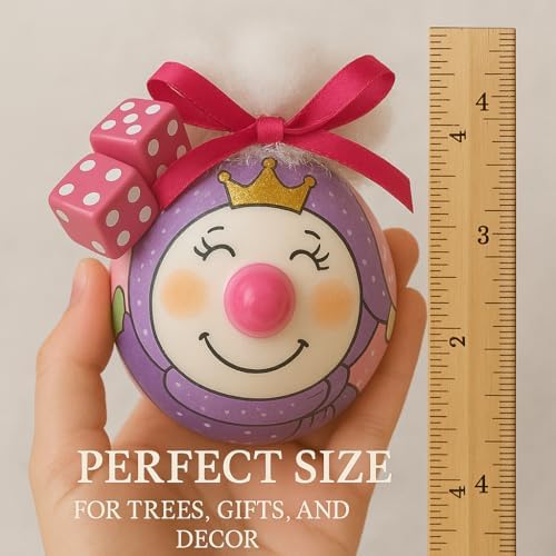Bunco pink dice princess ornament held in hand with ruler showing 3.5 inch size