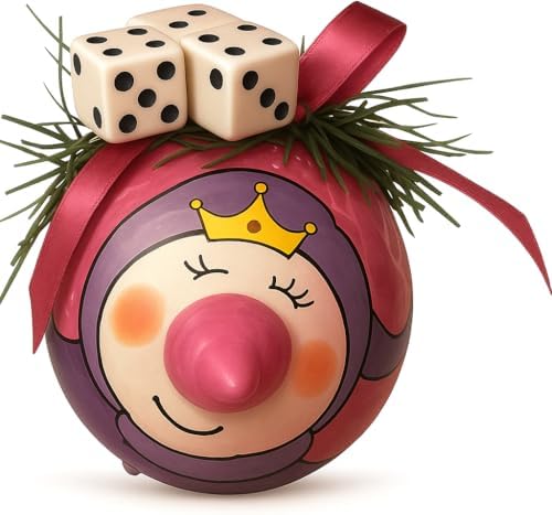 Blinking Bunco Snow Princess Christmas ornament 3.5 inch, white dice with black pips, crown and pink ribbon - studio side angle