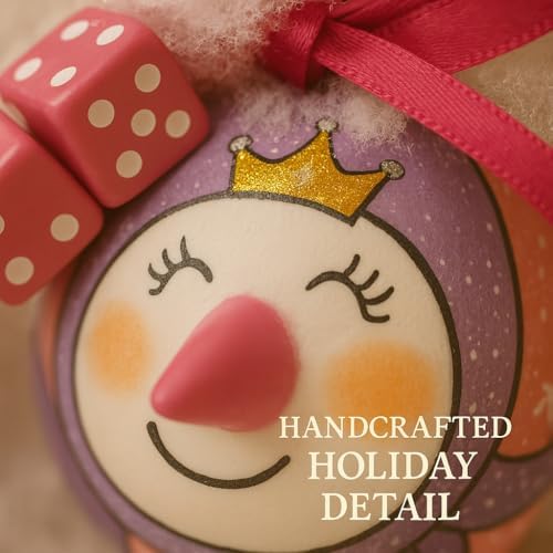 Bunco pink dice princess ornament close-up showing handcrafted painted face, crown and pink dice detail