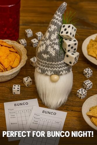 Bunco Dice Gnome ornament on a Bunco party table with dice, chips and scorecards