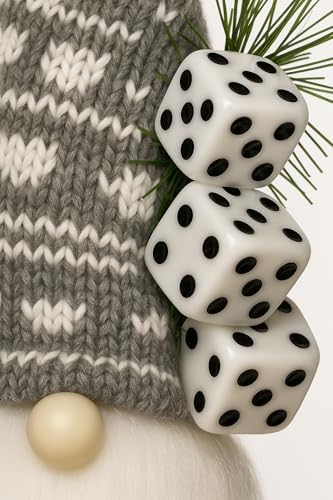 Bunco Dice Gnome ornament close-up showing white dice with black pips and knit hat detail