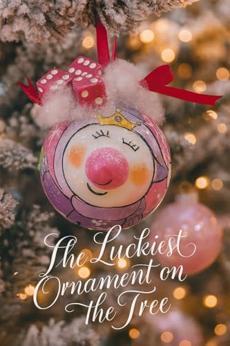 Bunco pink dice princess ornament with faux snow on a frosted Christmas tree