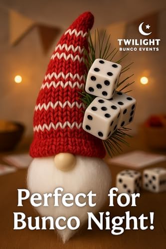 Bunco Dice Gnome ornament with red knit hat and white dice - perfect for Bunco night