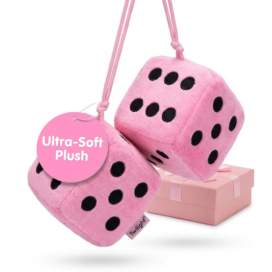 Pink fuzzy hanging dice retro plush pair on a string