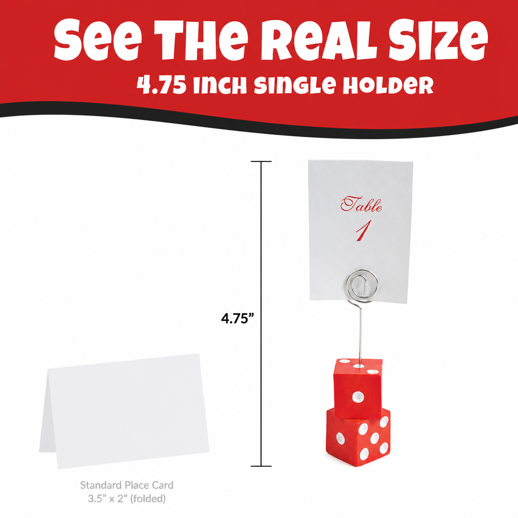 See the real size — 4.75 inch single dice place card holder shown with a standard place card