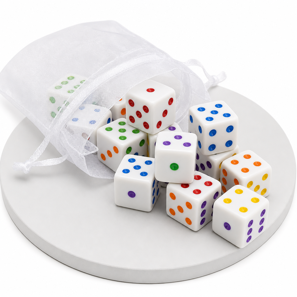 White 16mm bunco dice with multi-color pips spilling from organza gift bag