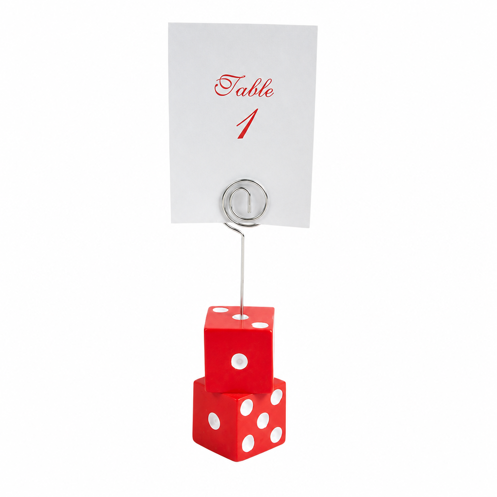 Dice place card and table number holder — red 1 inch dice with card clip — Twilight Bunco
