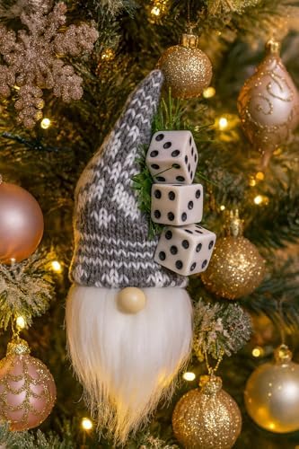 Bunco Dice Gnome ornament with gray hat on a Christmas tree with gold ornaments