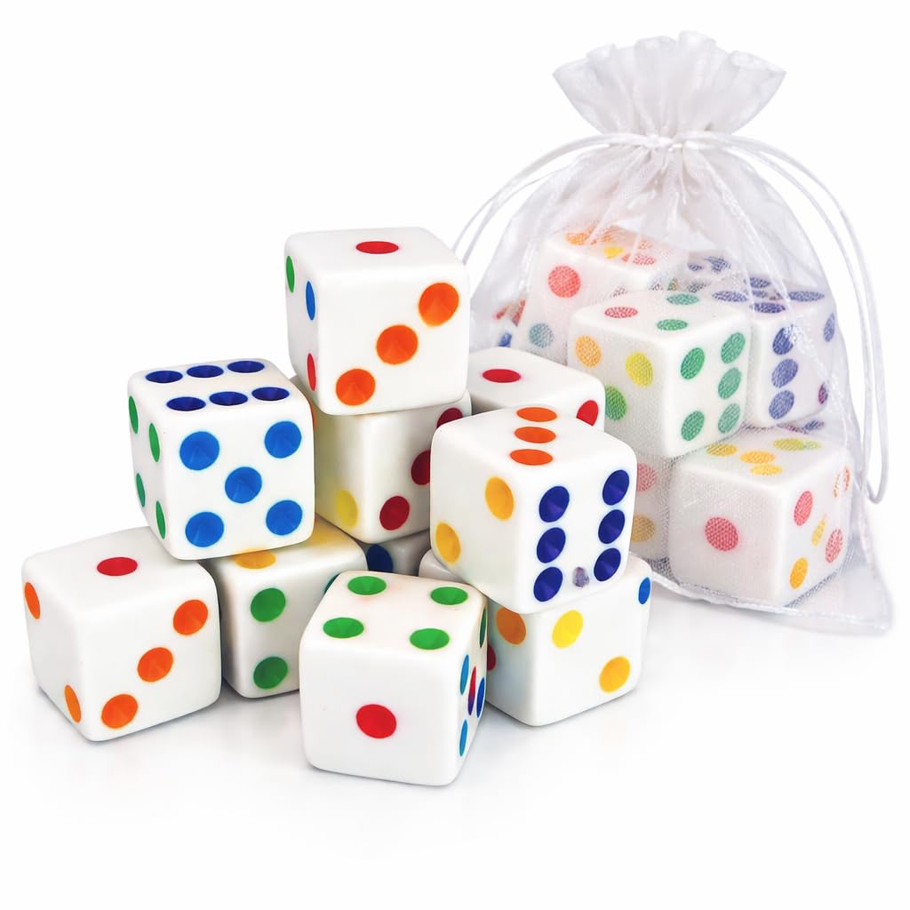 Multi-color 16mm dice spilling from organza gift bag