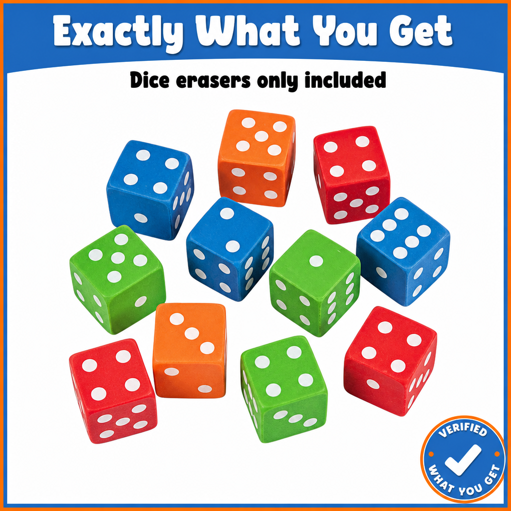 Dice erasers infographic — great for bunco prizes and goodie bags