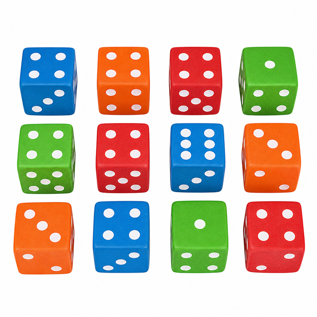 12 colorful dice erasers in a grid — blue, orange, red, green — Twilight Bunco