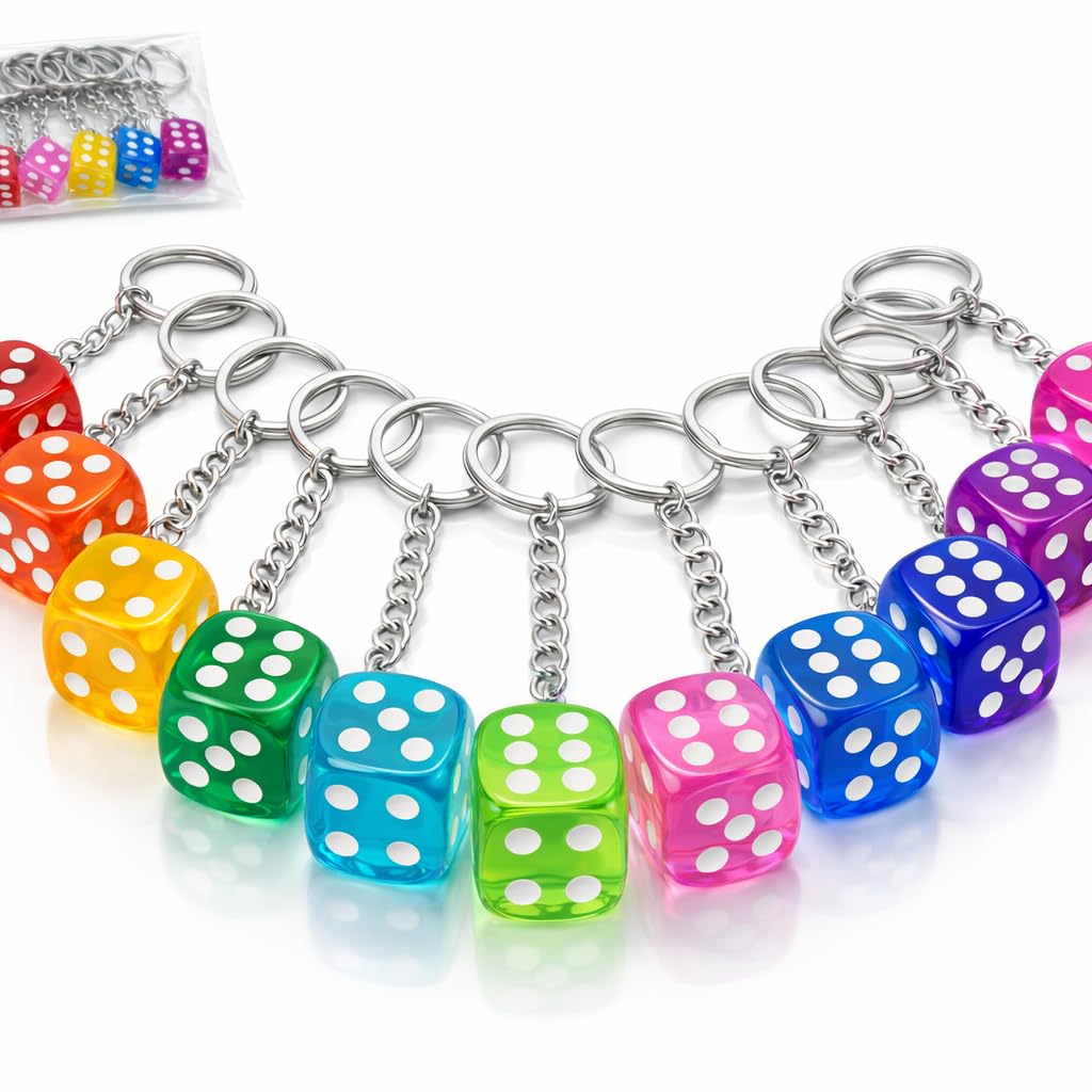 One dozen multicolor Bunco dice keychains with silver rings