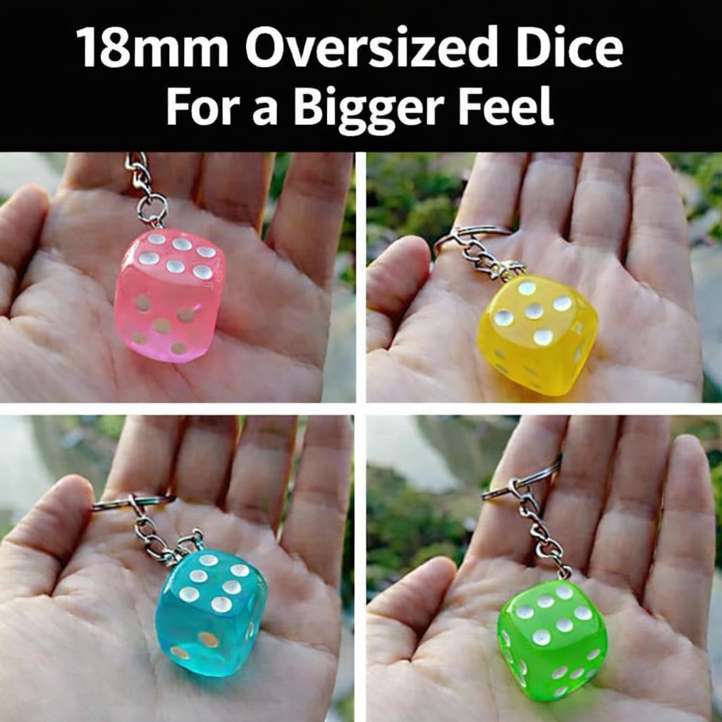 Close-up of transparent candy-colored 19mm dice keychains
