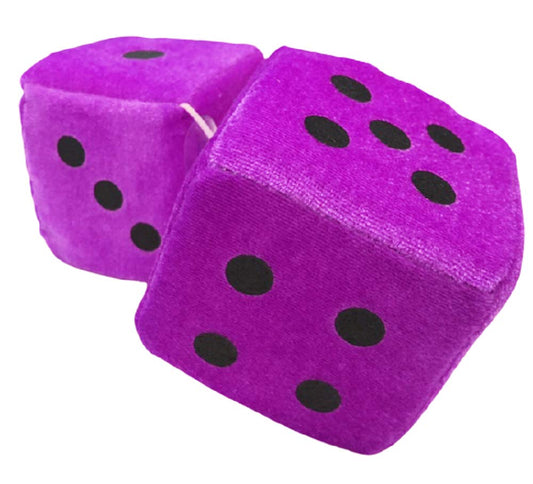 Purple fuzzy hanging dice - retro 3 inch plush pair with black dots on a cord