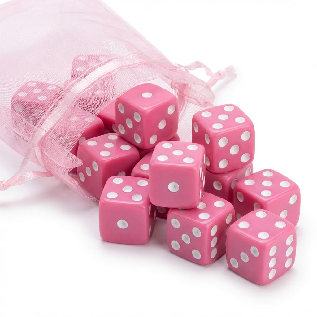 Pink 16mm dice spilling from organza gift bag