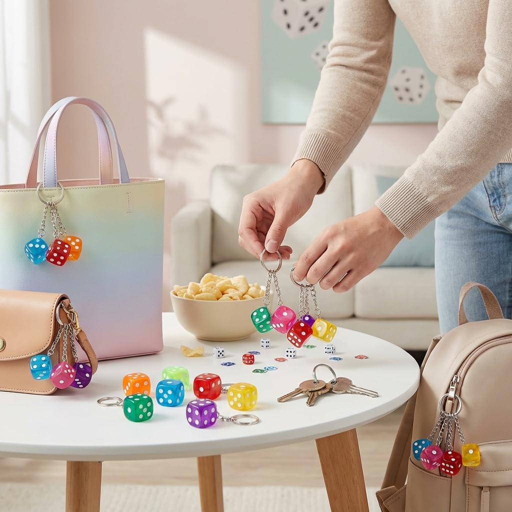 Bunco dice keychains shown as party favors