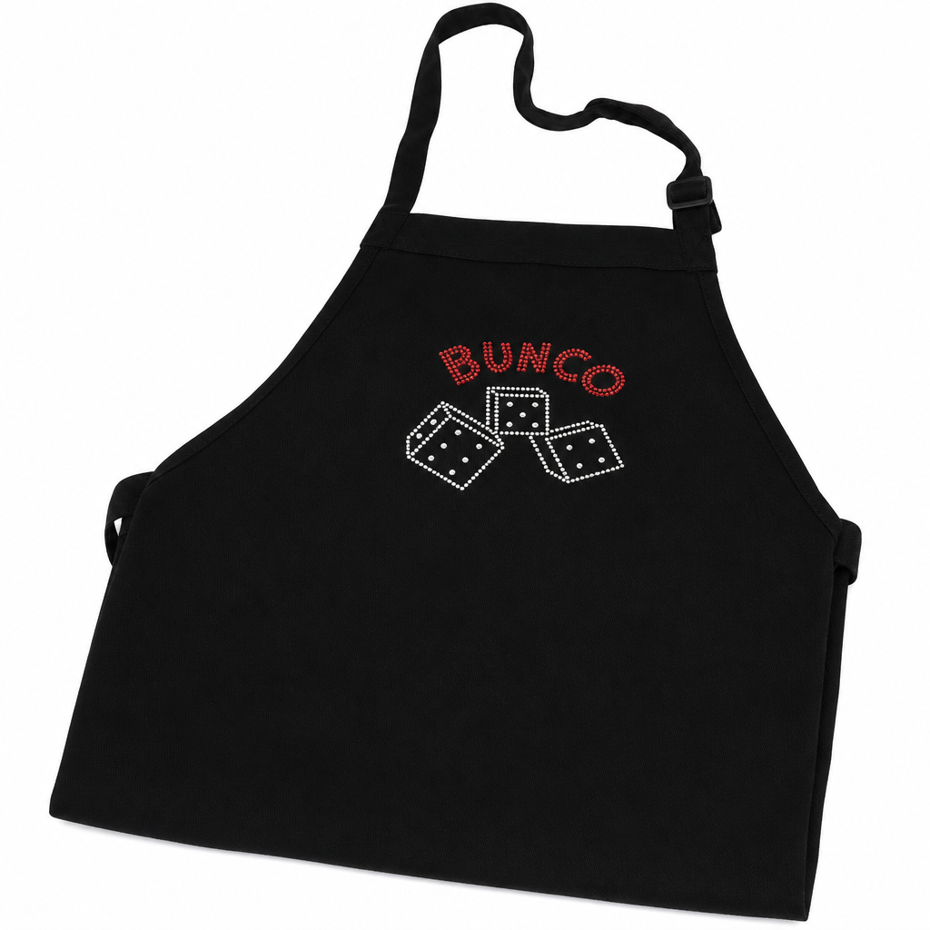 Black Bunco crystal apron with rhinestone lettering - hero shot