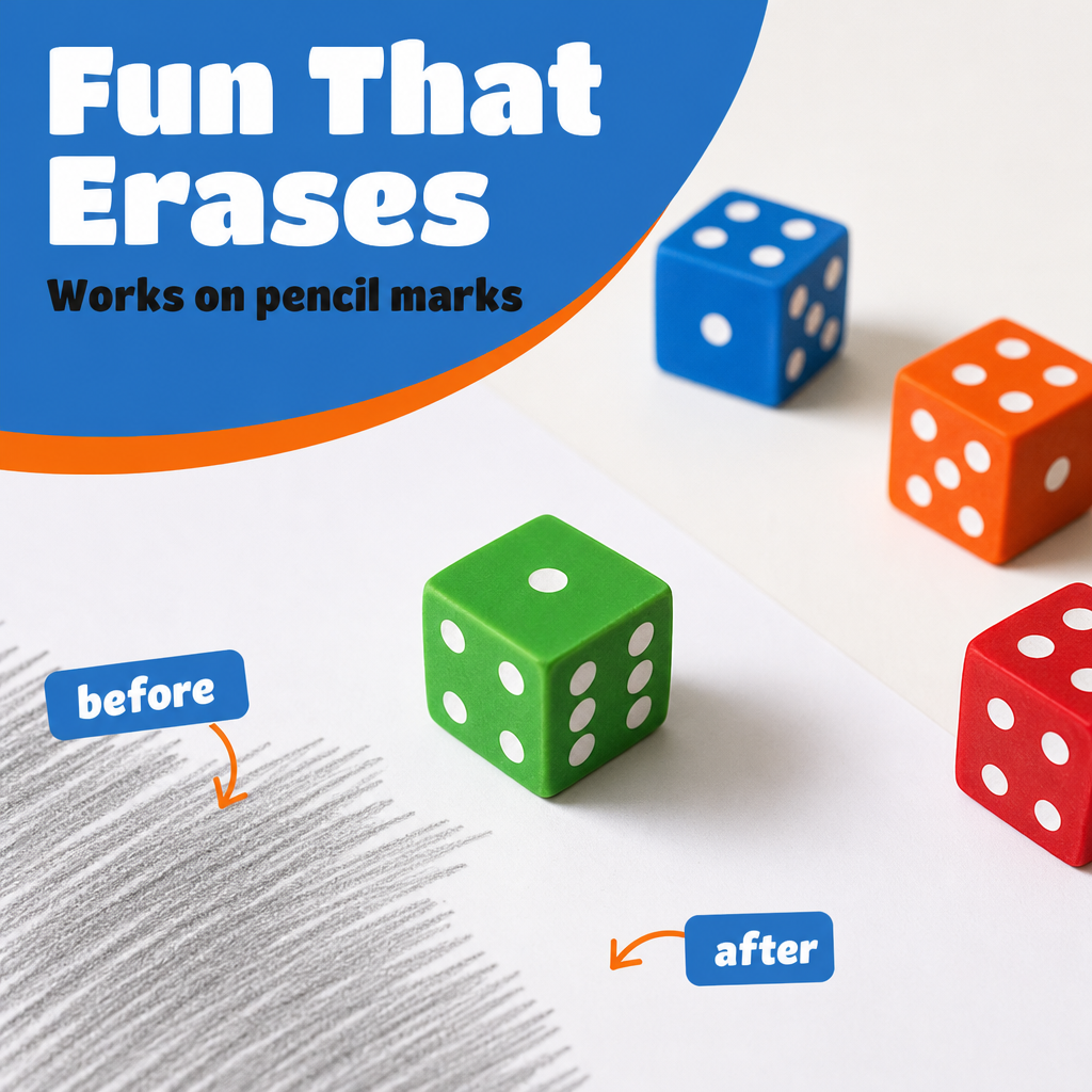 Dice erasers infographic — 12 reusable dice-shaped erasers