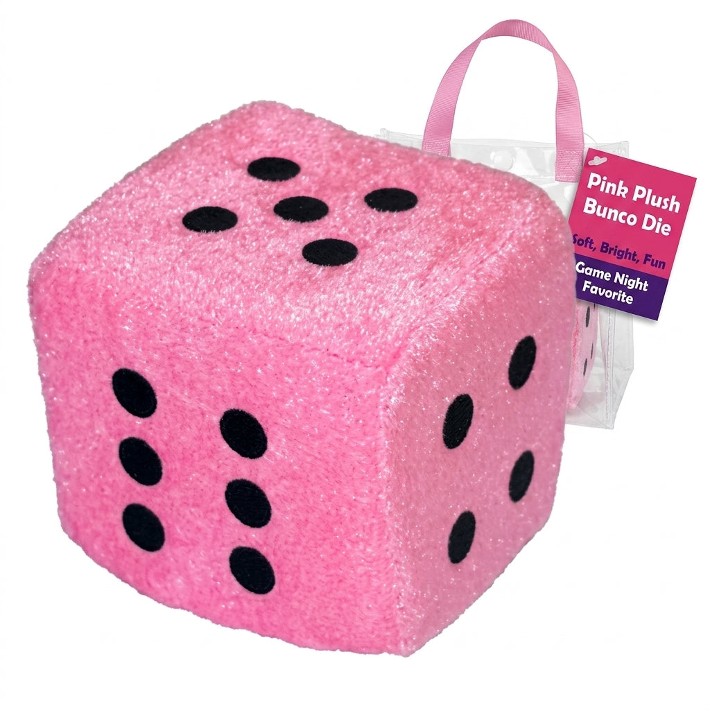 Pale pink plush dice with clear gift pouch — soft Bunco and casino party decor