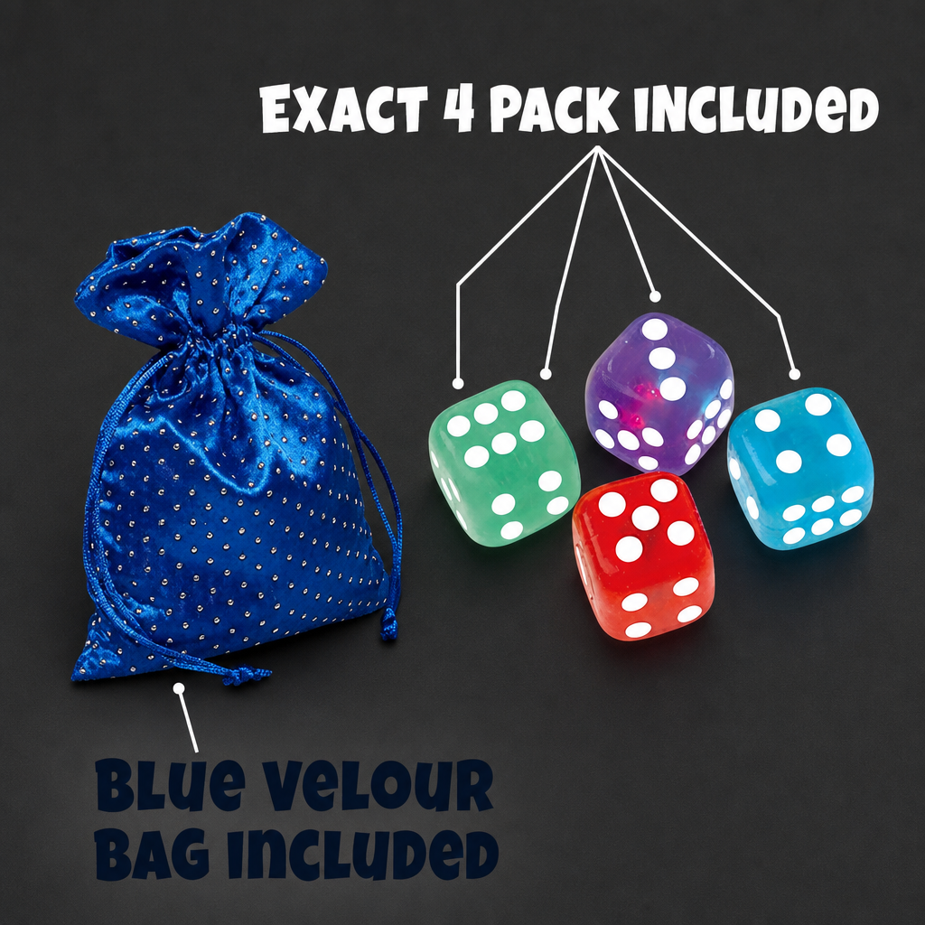 Exact 4-pack of LED flashing dice plus blue velour bag included