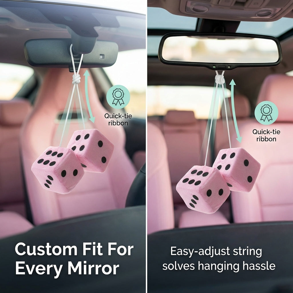 Pink fuzzy hanging dice feature highlights
