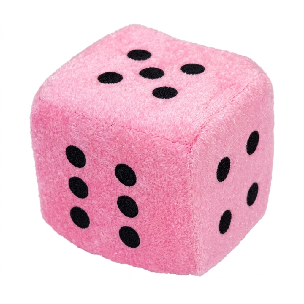Large Pink Plush Dice 3.15 inch in soft pale pink with black dots on white background — Twilight Bunco