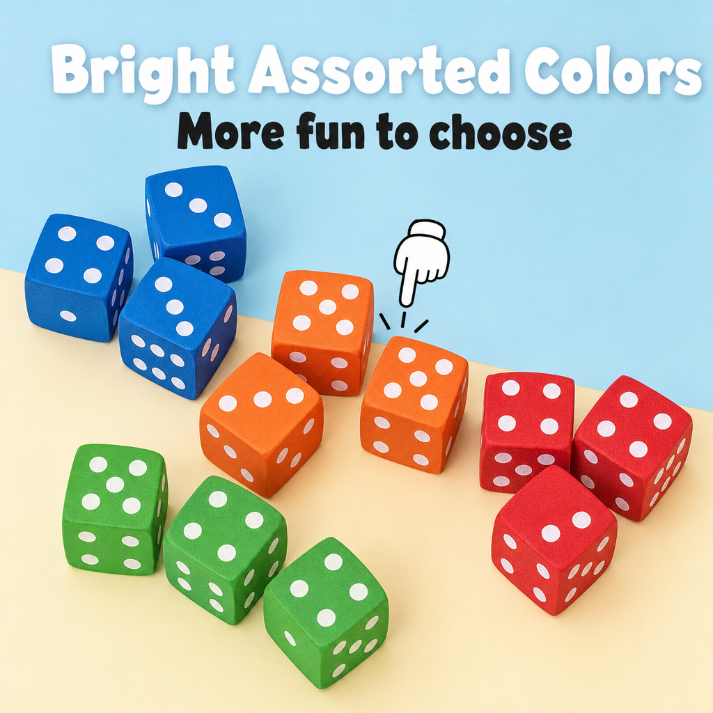 Dice erasers detail infographic — bright assorted colors