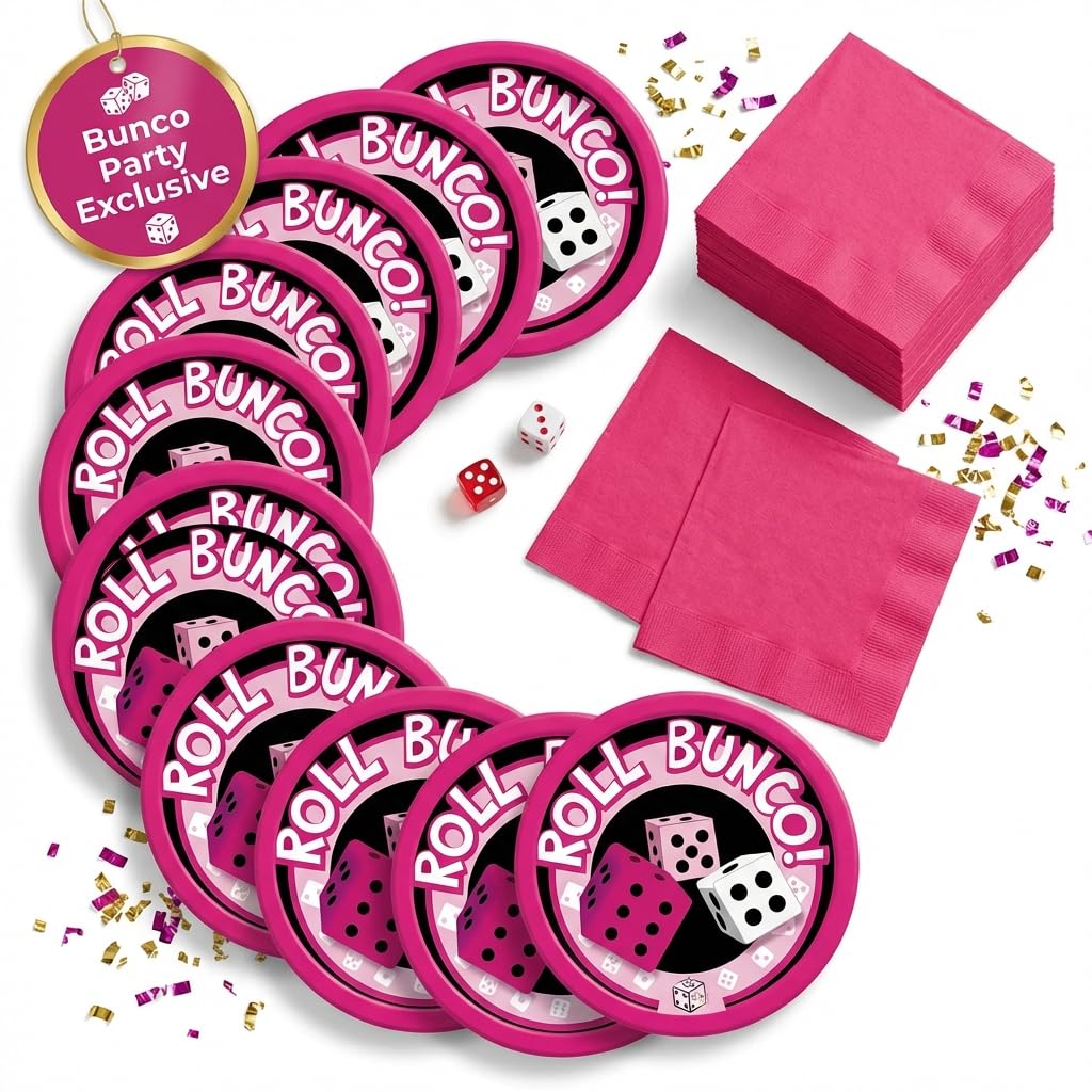 Roll Bunco plates and hot magenta napkins set