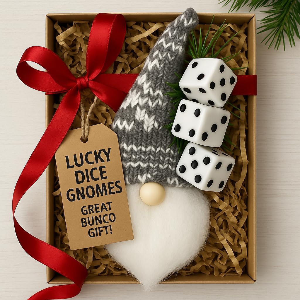 Bunco Dice Gnome Christmas ornament 6.5 inch in gift box with greenery and 3 white dice - Lucky Dice Gnomes Bunco gift