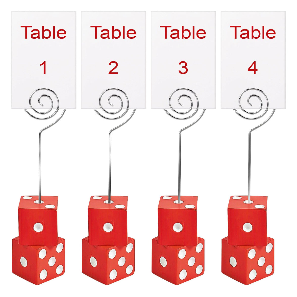 Set of 4 red acrylic Bunco dice table number stands with the number cards 1, 2, 3 and 4 that ship with the set