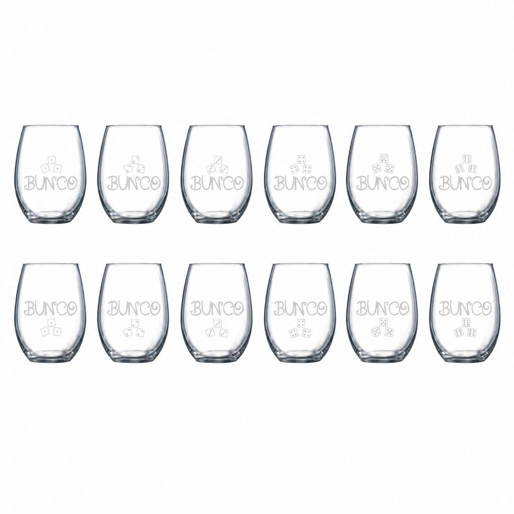 Etched stemless Bunco wine glasses set of 12 - hero